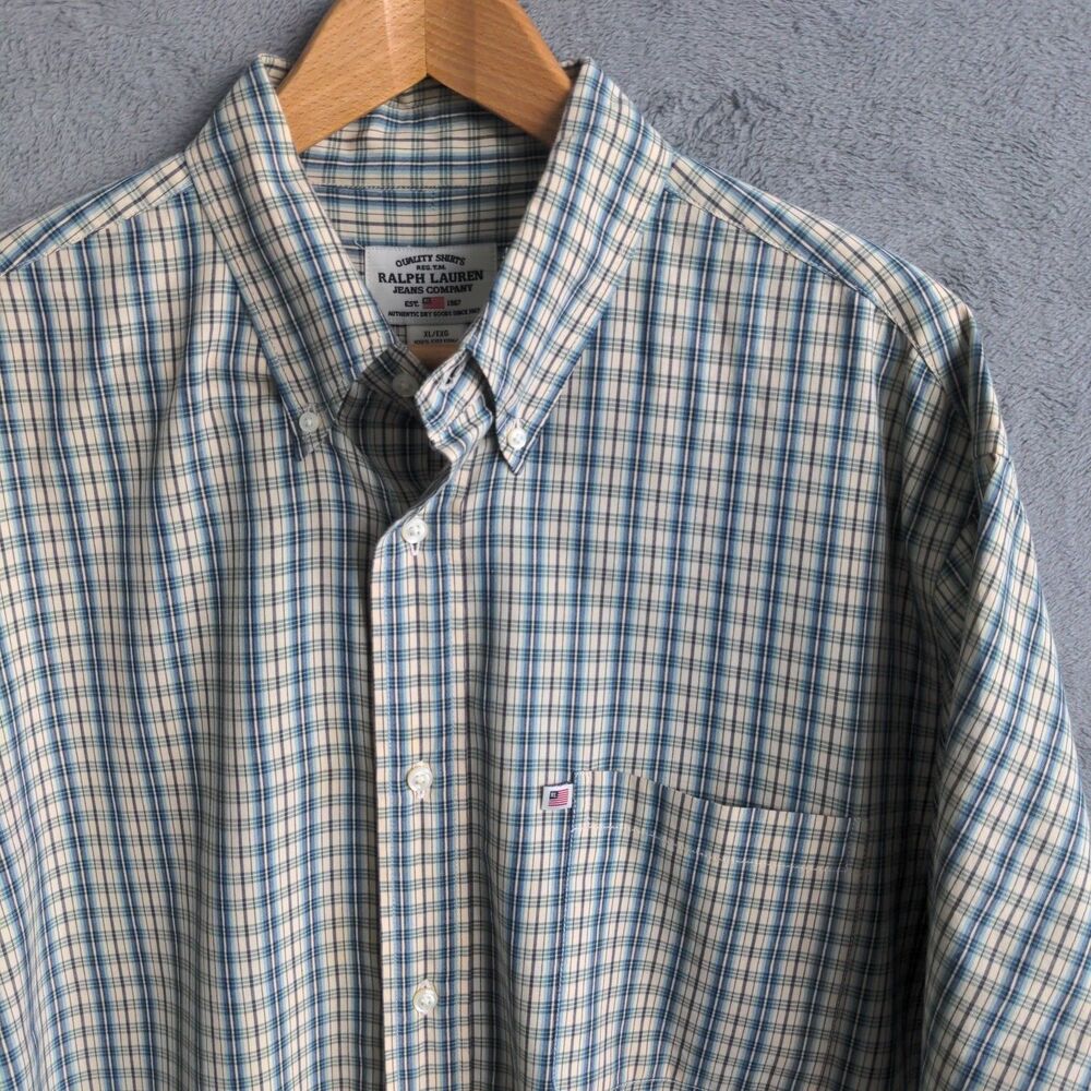 Ralph Lauren Jeans Plaid Button Up Shirt Mens XLT Khaki Blue Short Sleeve Logo